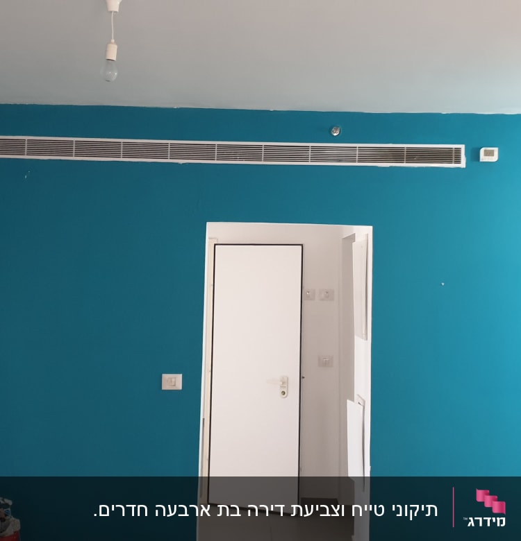 קיר צבוע בכחול עם דלת לבנה פתוחה